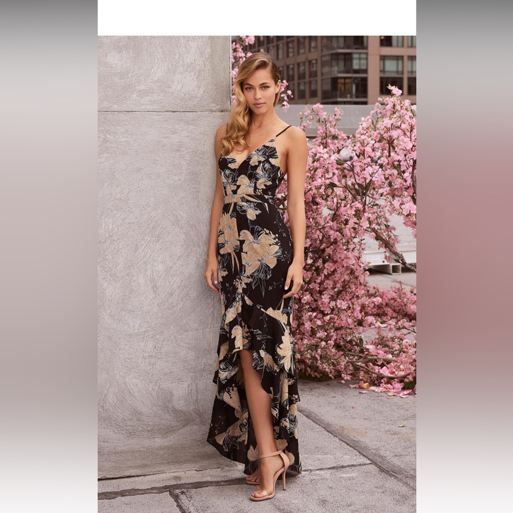 Lulus Darling Daylily Black Floral Print High-Low Maxi Dress